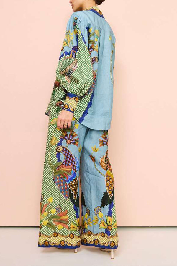 Sun Seeking Unique Heaven Bird Print Balloon Sleeve Button Loose Shirt