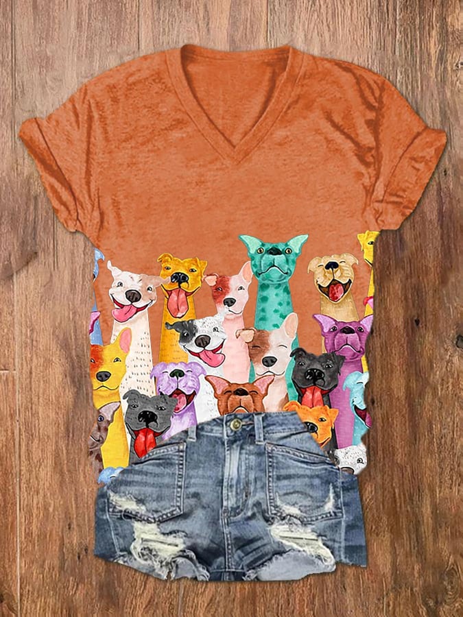 T-shirt col V imprimé chiens colorés et amusants pour femme