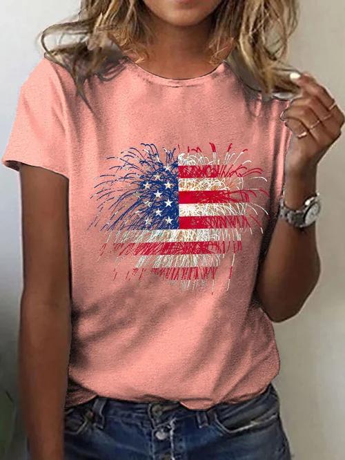 Women's Independence Day Love Fireworks Flag Print T-Shirt