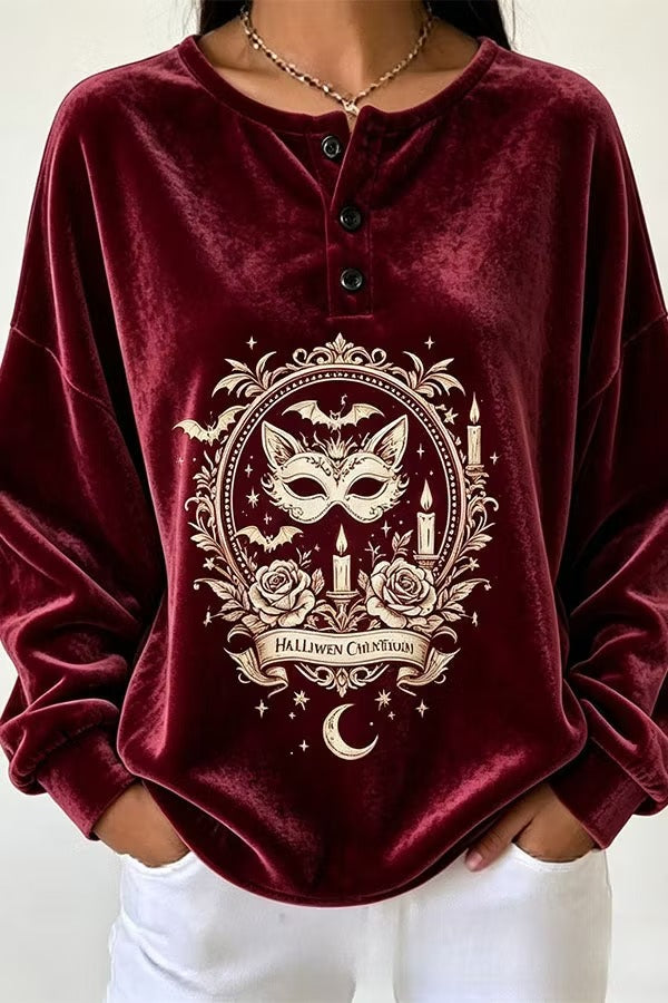 Spooky Season Velvet Long Sleeve Halloween Shirt with Buttons