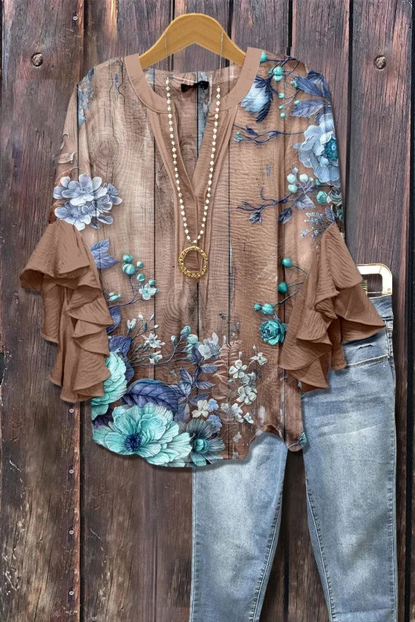 Vintage Floral Print Ruffle Sleeve Top