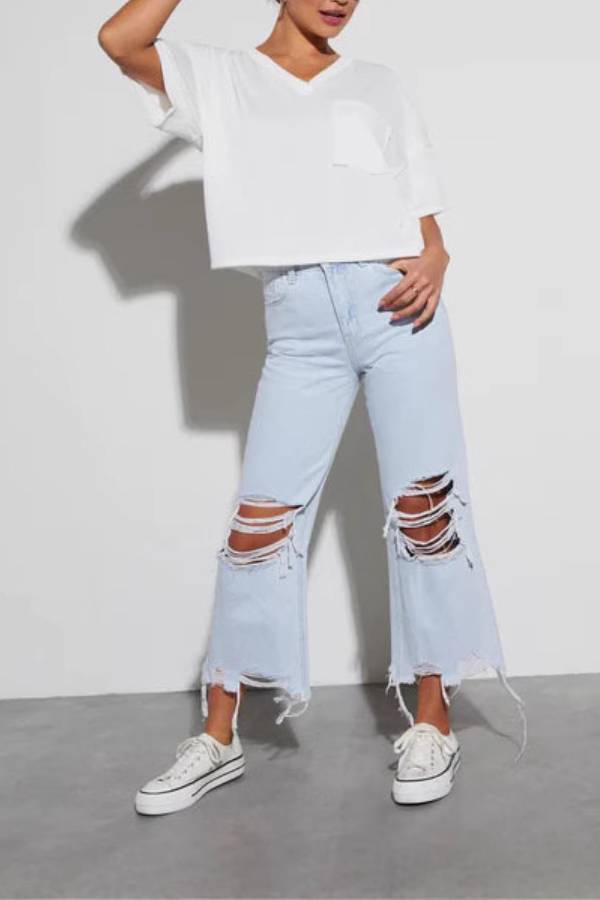 High Waist Ripped Frayed Hem Cropped Wide Leg Jeans