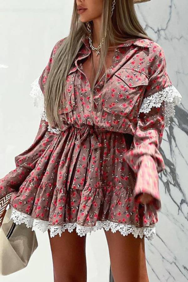 Ditsy Floral Lace Trim Waist‑Tie Shirt Mini Dress