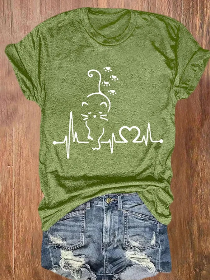 T-shirt imprimé chatons et battements de cœur pour femme
