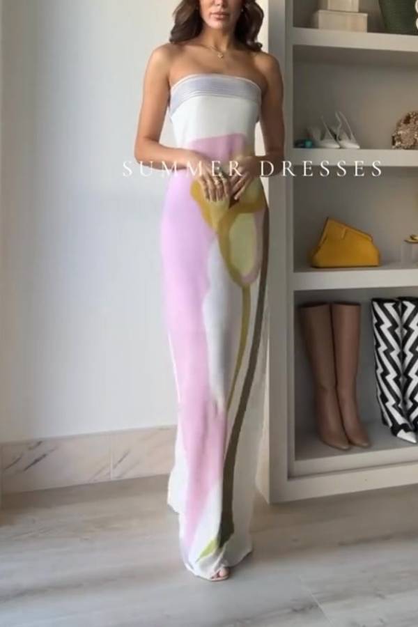 Dalva Calla Lilies Print Pleated Metallic Fabric Patchwork Bandeau Loose Maxi Dress