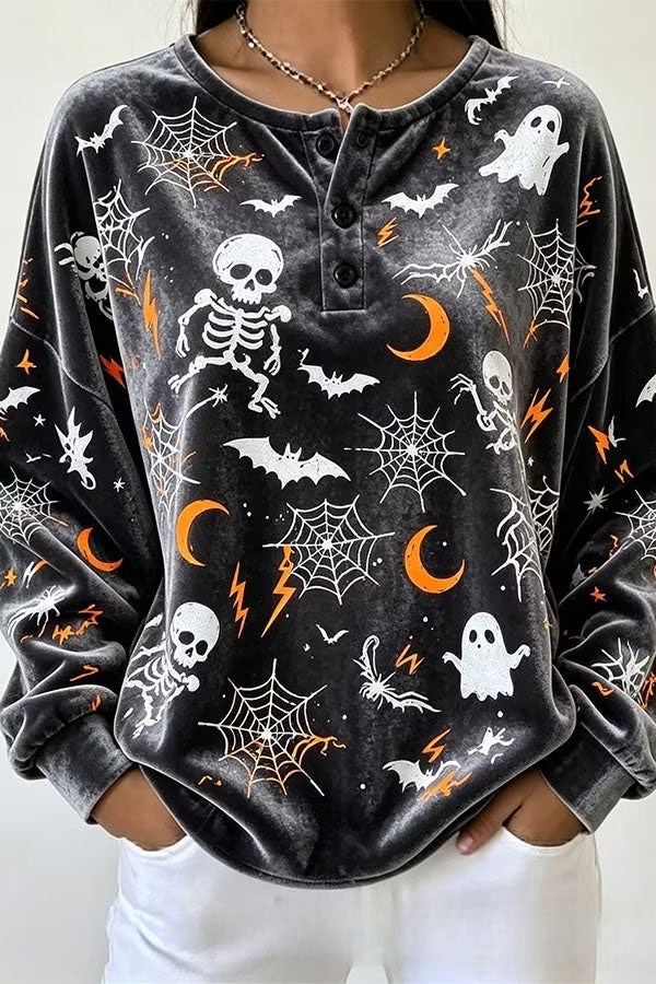 Spooky Season Velvet Long Sleeve Halloween Shirt with Buttons