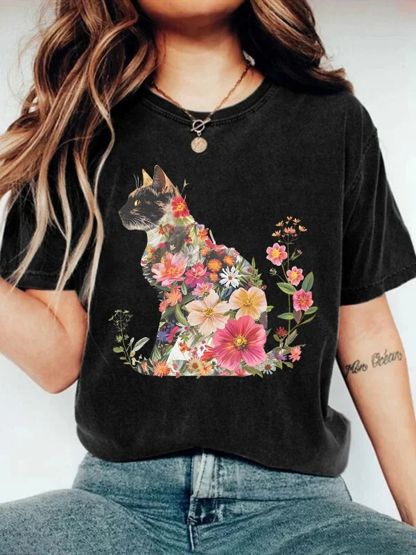 T-shirt imprimé chaton fleuri mignon pour femme