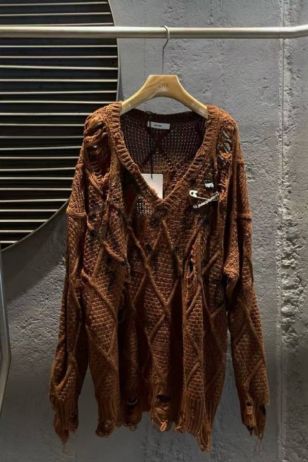 Distressed Ripped Letter V‑Neck Argyle Sweater