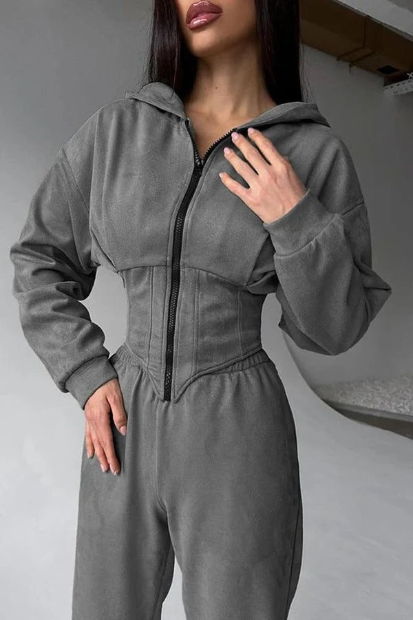 Solid Color Waist Corset Hooded Sweatshirt Jacket and Elastic Waist Athletic Jogger Pants Set