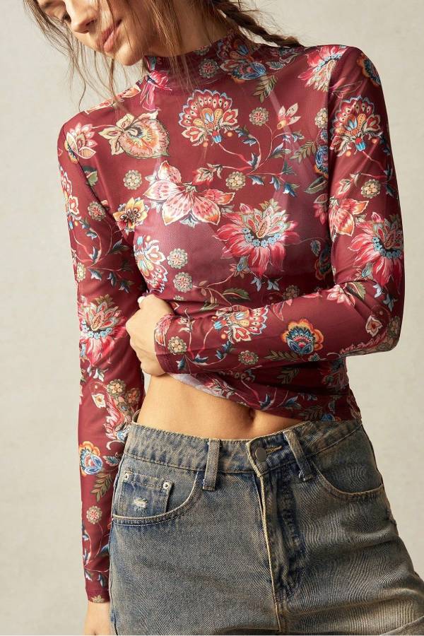 Vintage Floral Mesh Mock Neck Top