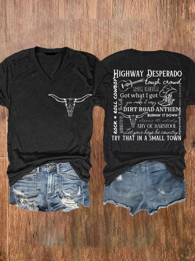 T-shirt col V imprimé drapeau occidental pour femme « Essayez ça dans une petite ville »