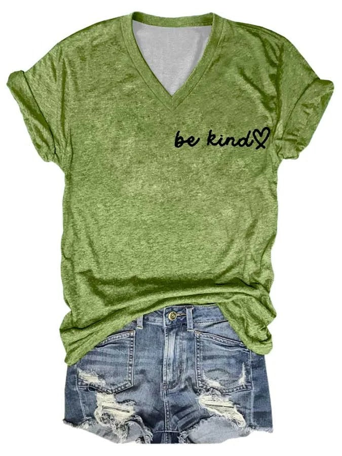 Damen-T-Shirt mit V-Ausschnitt und „Be Kind The World Is A Better Place With You In It“-Aufdruck, kurzärmlig