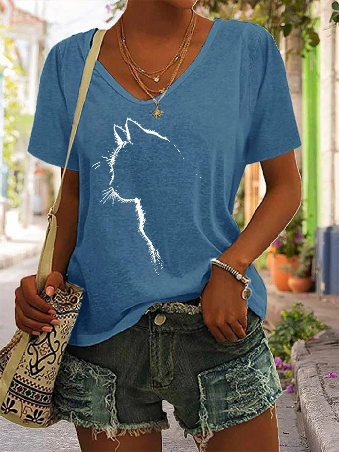 Damen T-Shirt mit süßem Katzen-Silhouette und V-Ausschnitt