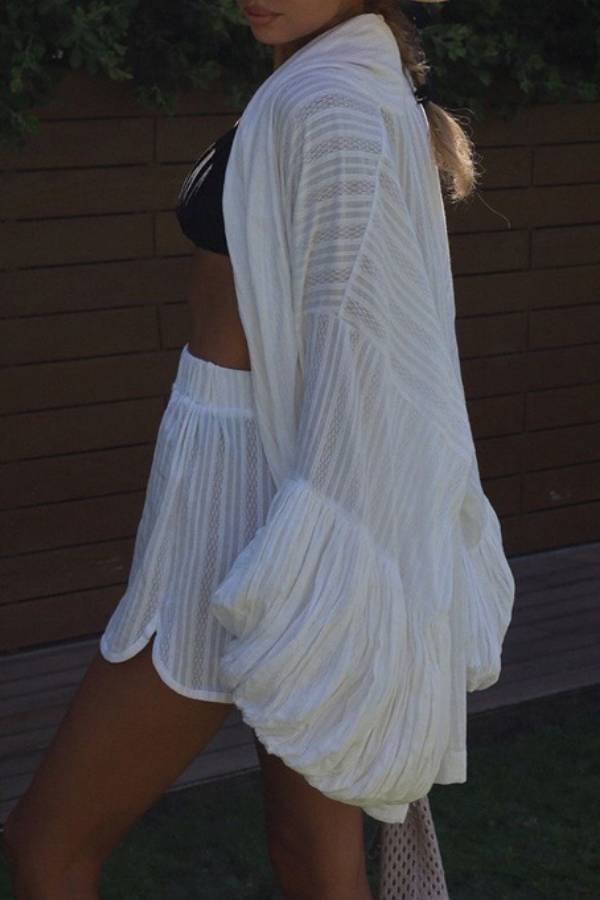 Vacation Textured Puff Sleeve Kimono & Shorts Two‑Piece Set