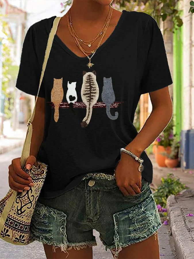 T-shirt col V à imprimé chat pour femme
