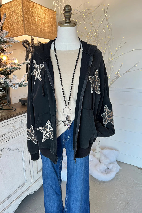 Oversized Star Patch Sweatshirt Jacket