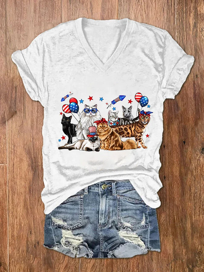 T-shirt col V imprimé chats pour femme, fête de l'indépendance