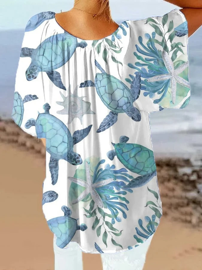Chemise décontractée hawaïenne à imprimé tortue pour femme