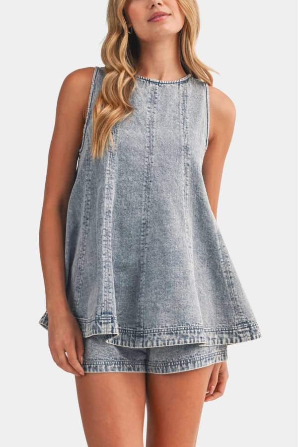 Vintage Wash Sleeveless A-Line Denim Top & Shorts Set