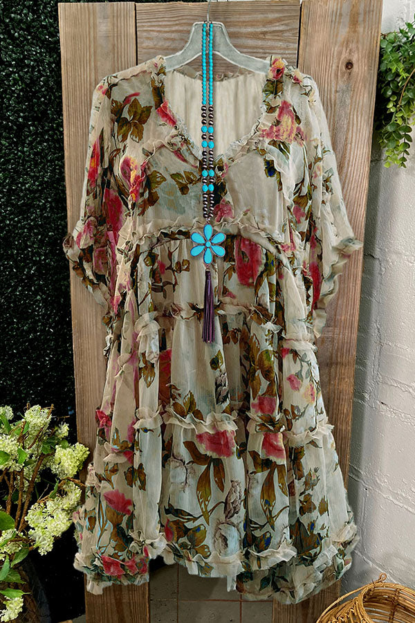 Robe plissée à volants et col en V à imprimé floral vintage