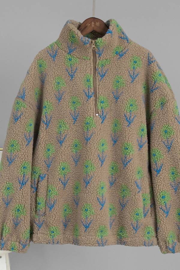 Women's Half Zip Stand Collar Floral Print Sherpa Fleece Jacket