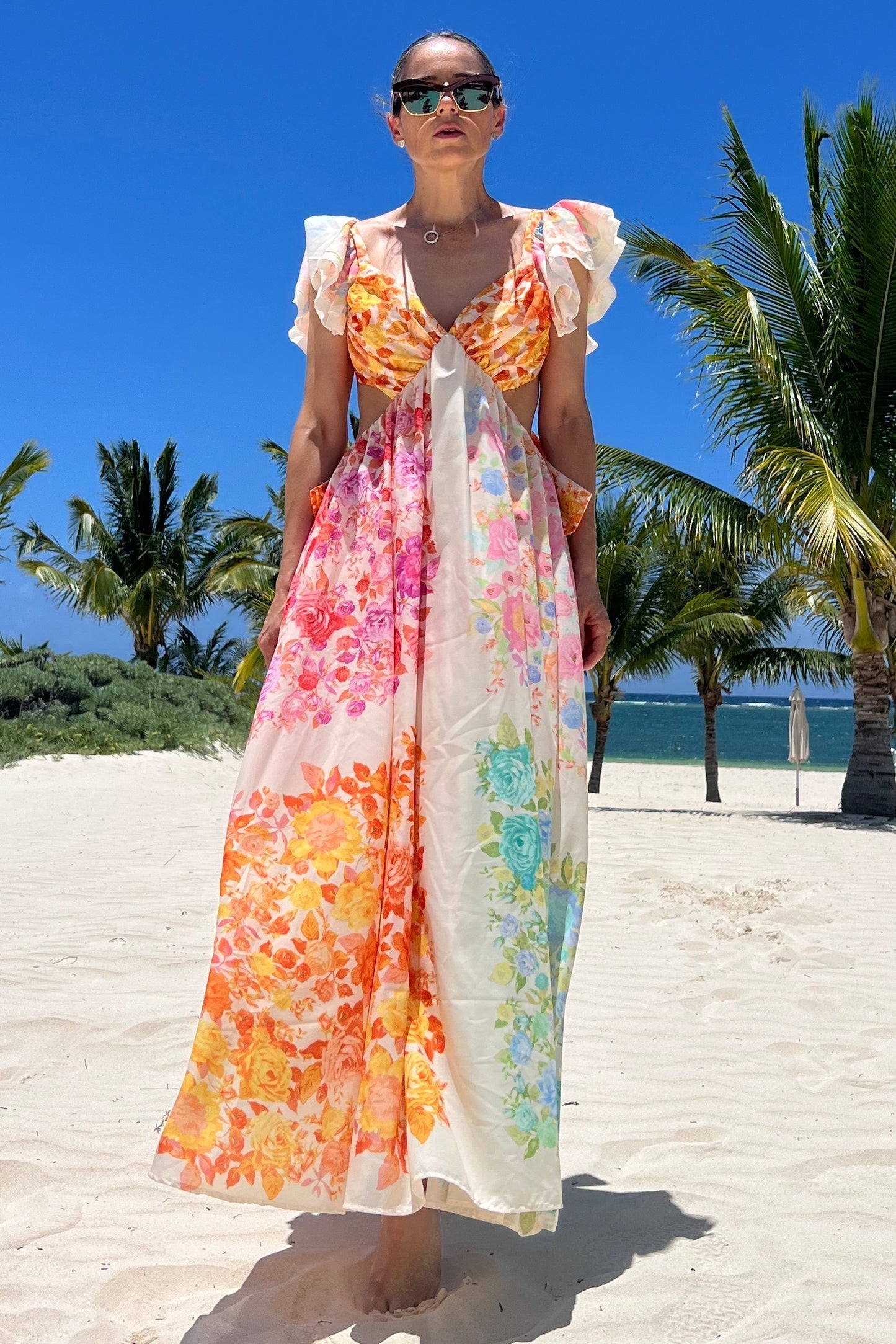 Blooming Beauty Multicolor Floral Frill Cutout Back Tie-Up Maxi Dress