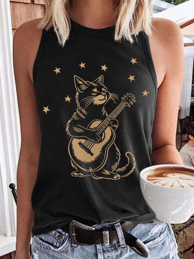 Gilet décontracté pour femme avec motif chat jouant de la guitare