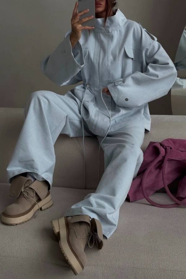 Stand Collar Drawstring Waist Cargo Jacket