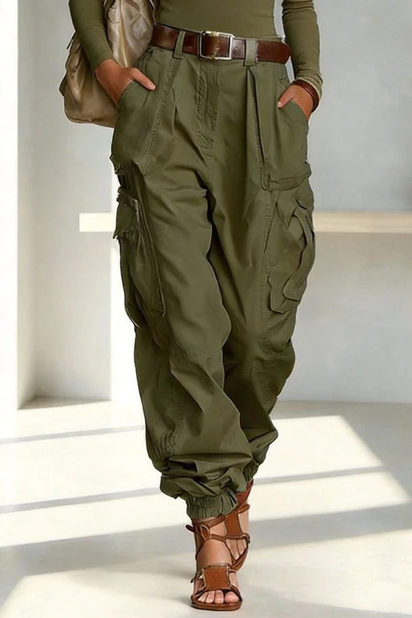 Street Style Solid Color High Waist Pocketed Loose Fit Cargo Pants