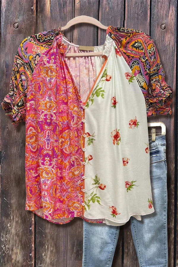 Colorful Boho Print Button Front Blouse