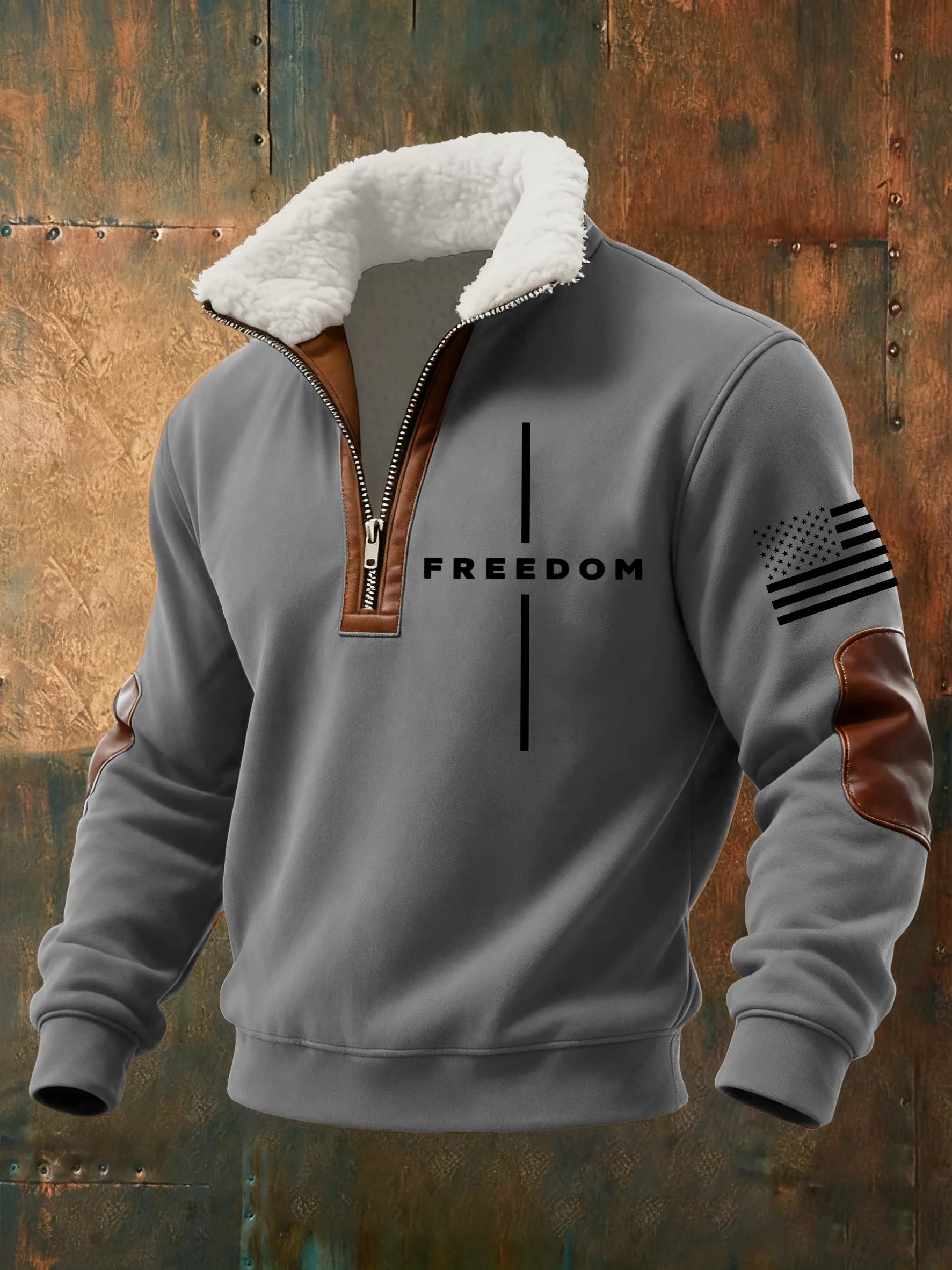 Men's Casual Freedom Flag Faith Retro Fur Collar Sweatshirt