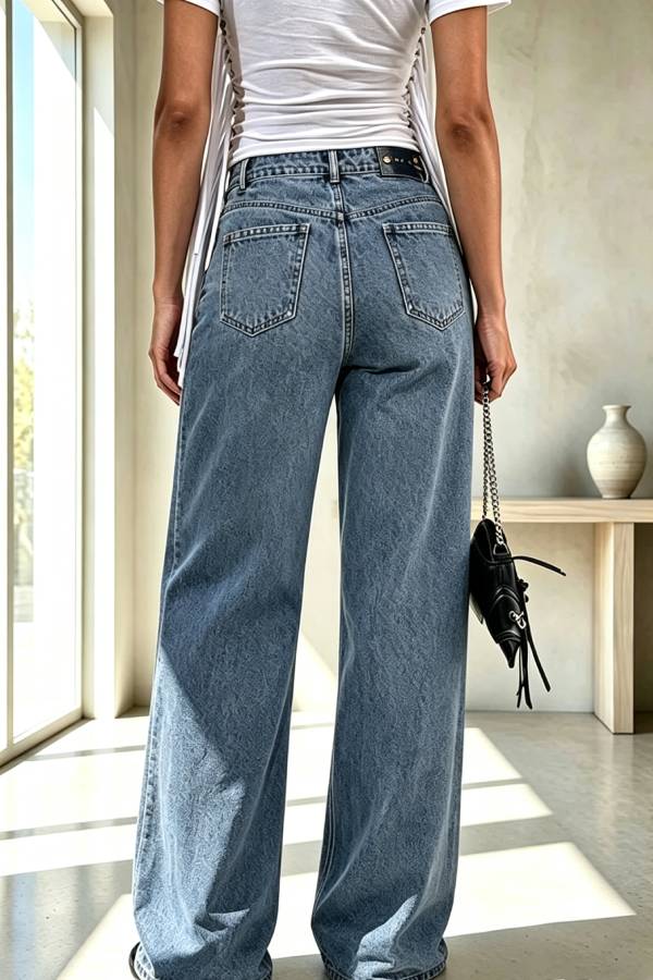 Retro Casual Denim Heart Print High Rise Pocket Wide Leg Jeans