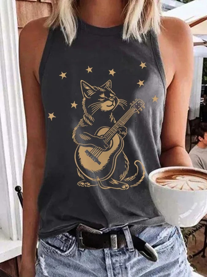 Gilet décontracté pour femme avec motif chat jouant de la guitare