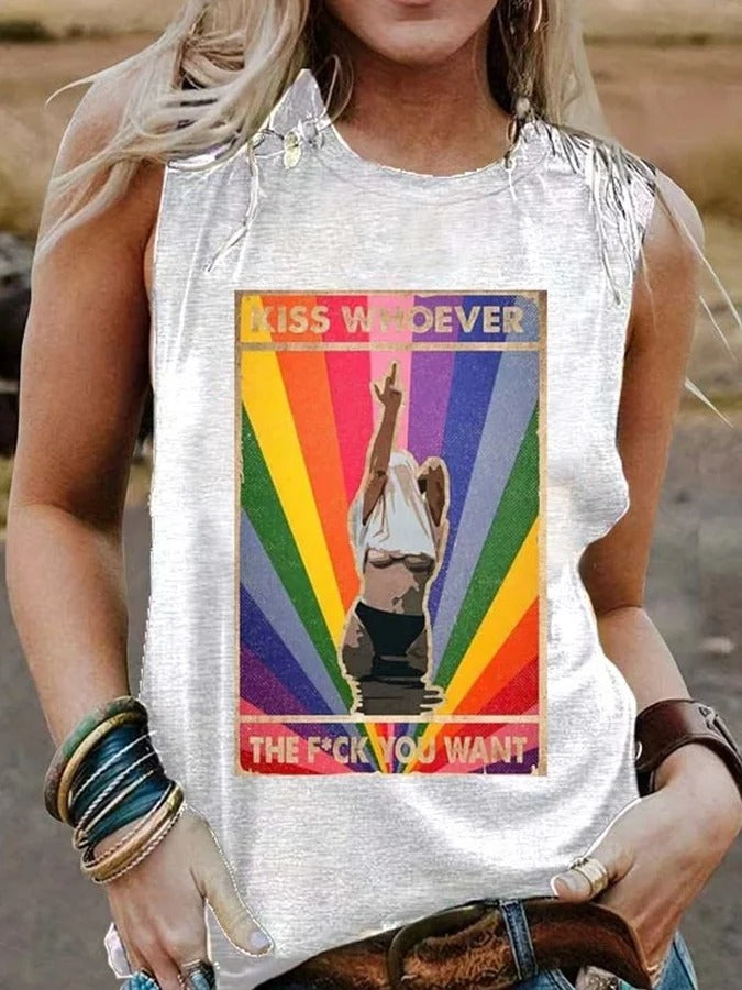 Women's Kiss Whoever The Fuck You Want Print Casual Tank Top