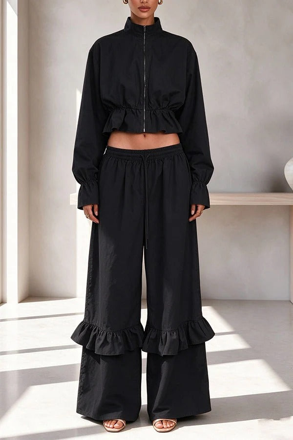 Sporty-style Zipper Flare Hem Jacket and Elastic Waist Ruffle Trim Loose Pants Set