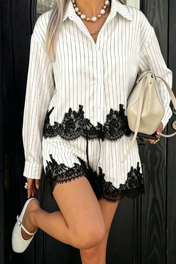 Anna Lace-trimmed Striped Shirt and Shorts Set