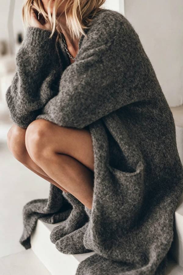 Comfortable Vib Knit Open Front Pocketed Oversized Midi Cardigan