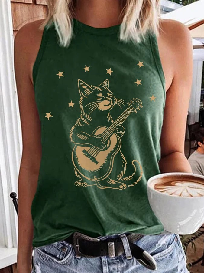Gilet décontracté pour femme avec motif chat jouant de la guitare