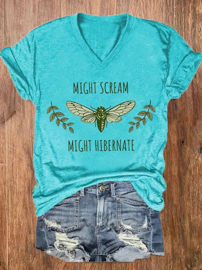 Women's The Great Cicada Comeback Tour 2024 Might Scream Might Hibernate V-Neck Tee