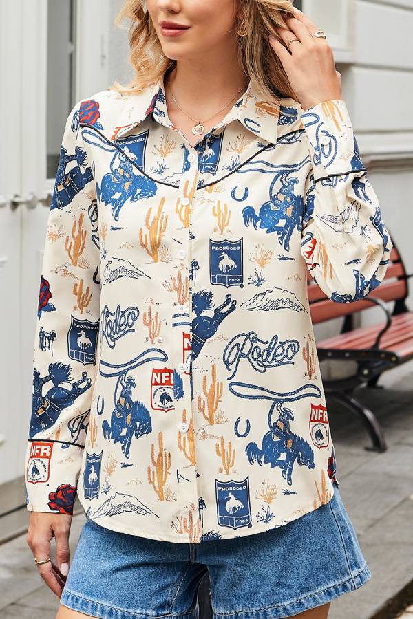 Western Cowboy Print Long Sleeve Collared Shirt