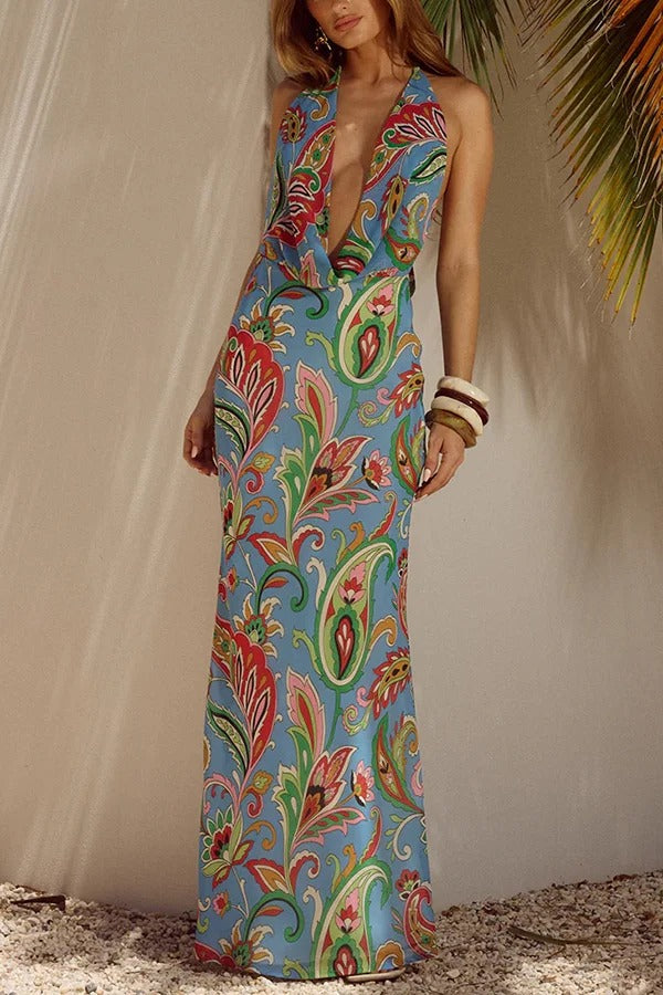 Perfect Sultry Look Unique Print Drape Cowl Neck Halter Maxi Dress