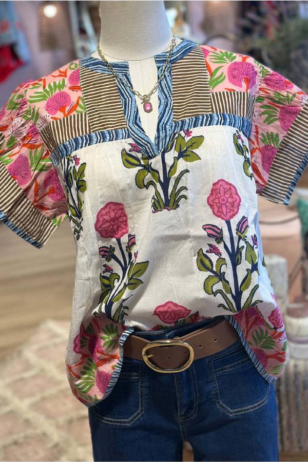 Bohemian Floral Print Patchwork Short Sleeve Top