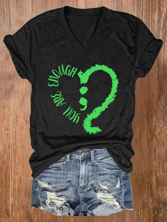 Lässiges T-Shirt mit V-Ausschnitt und „You Are Enough“-Aufdruck für Damen
