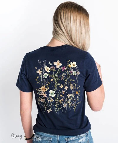T-shirt imprimé fleurs pressées au dos, cadeau pour les amoureux du jardin