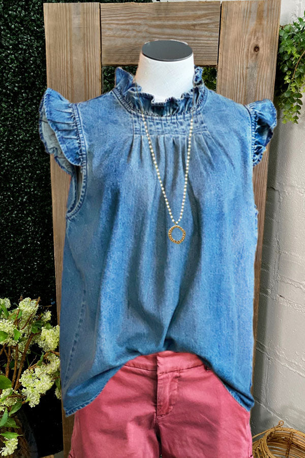 Haut classique en denim plissé à manches volantées