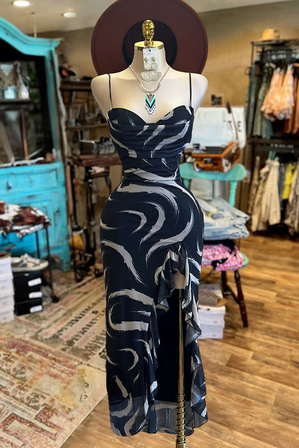 Pretty Abstract Print Ruffle Dress