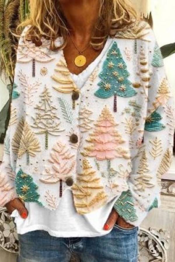 Christmas-themed V-neck single-breasted loose-fitting knit cardigan