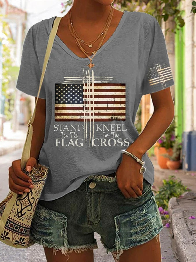 Women's Stand For The Flag Kneel For Cross Love USA Print T-shirt