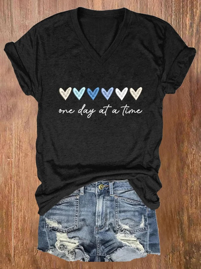T-shirt brodé à manches courtes pour femme, « One Day At A Time »