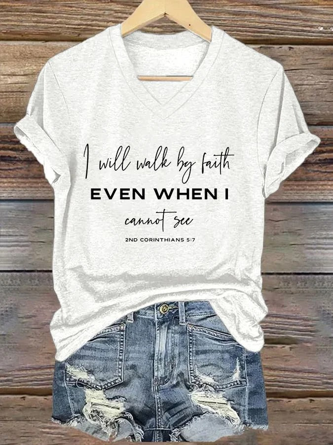 Damen T-Shirt mit Aufdruck „Ich werde im Glauben wandeln, auch wenn ich nichts sehen kann“